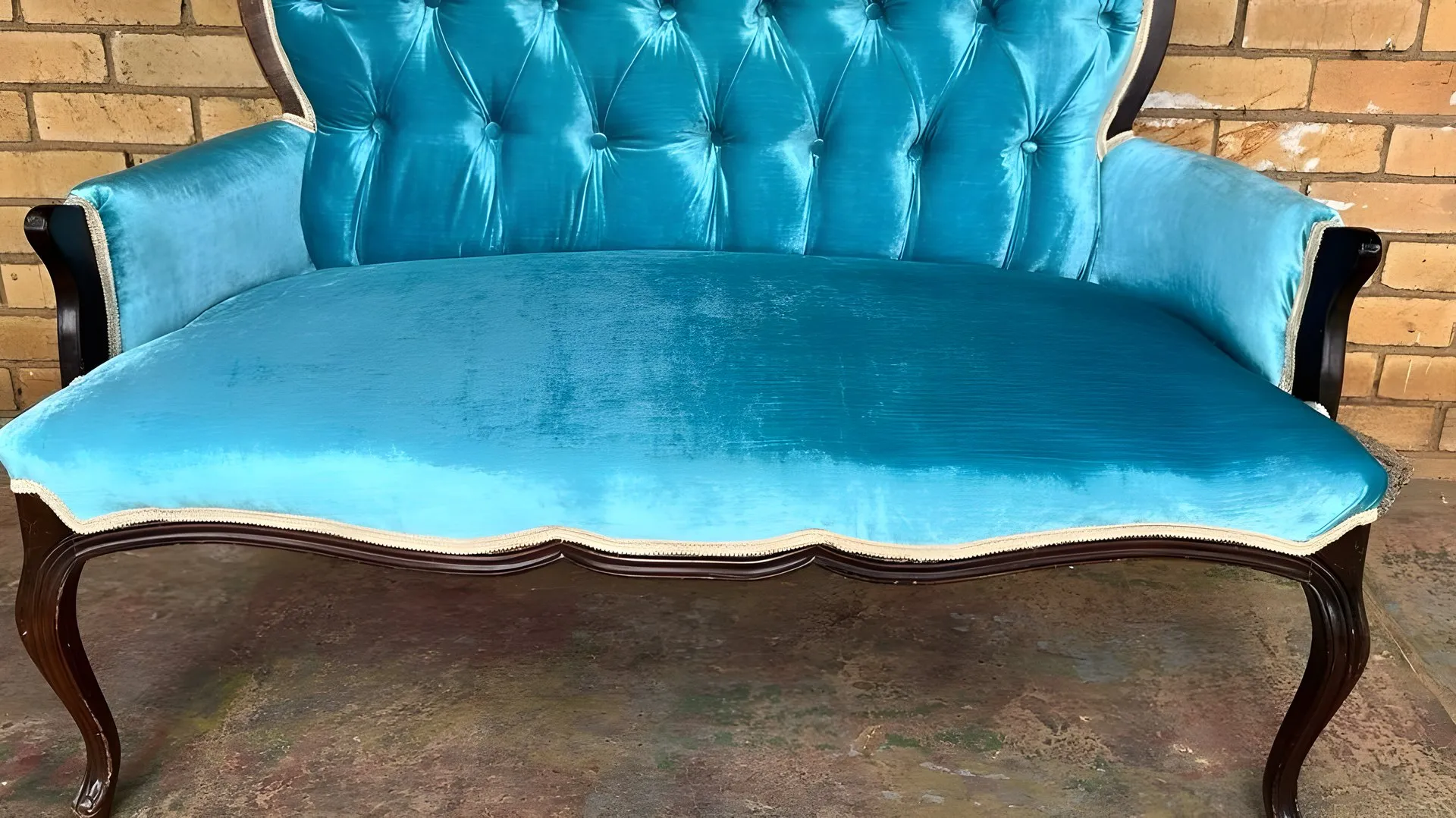 After: Torn antique settee, buttoned in turquoise velvet