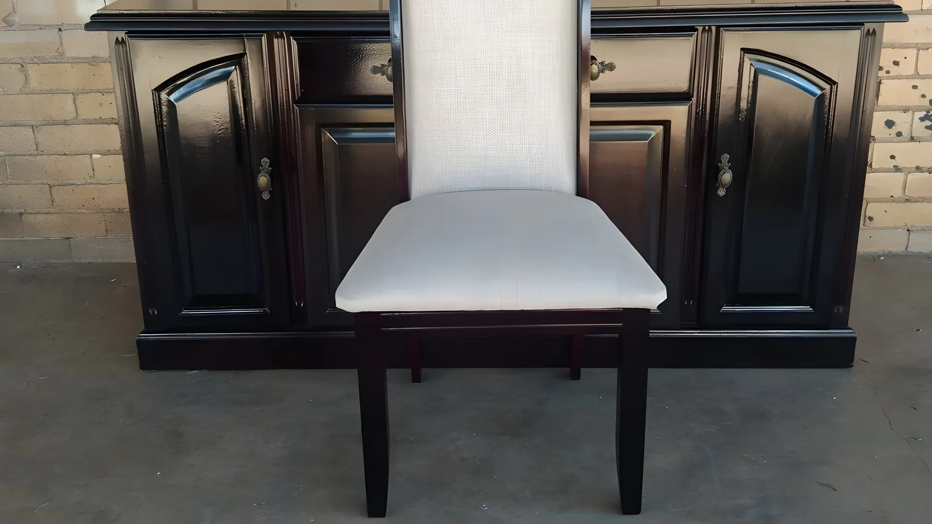 After: Sideboard refinished, dining chair re-covered