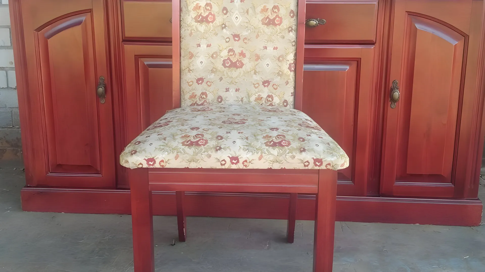 Before: Sideboard refinished, dining chair re-covered