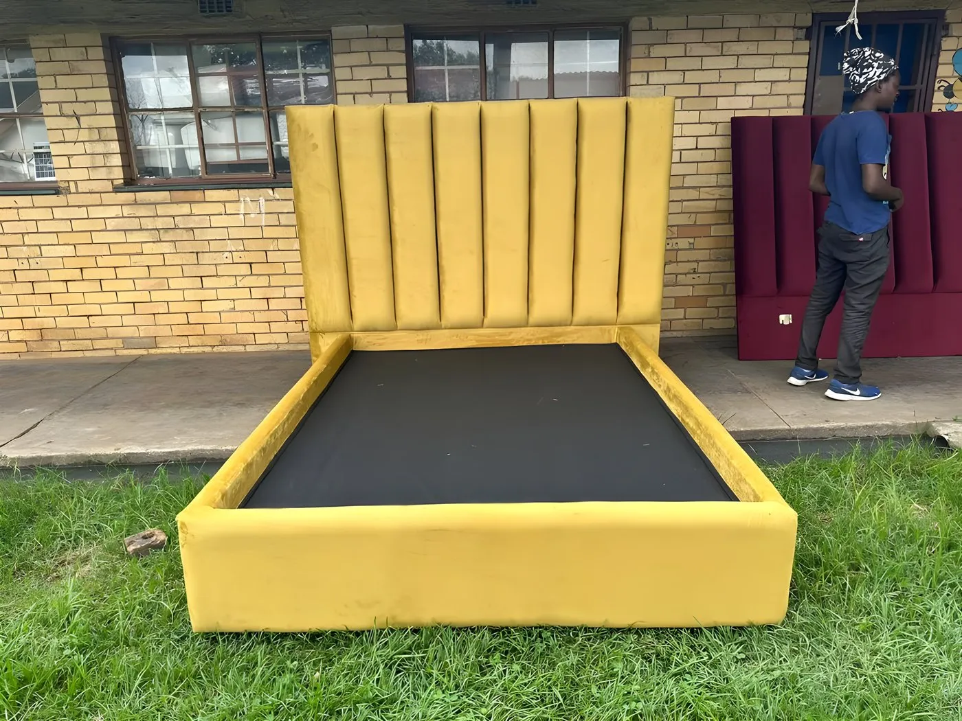 Mustard velvet bed base with a fluted headboard