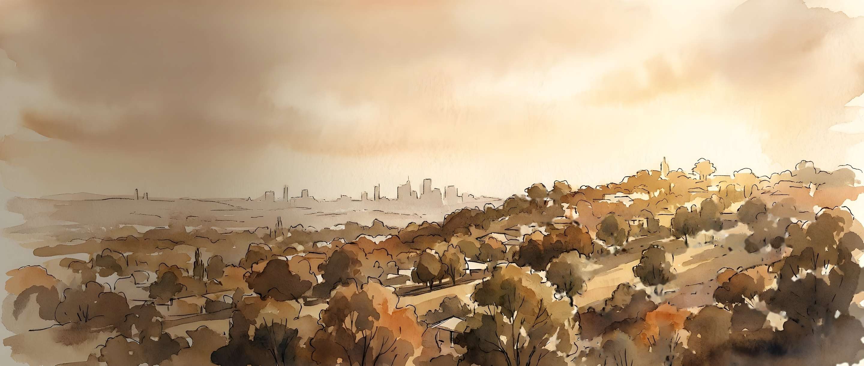 Watercolour illustration of the Bedfordview ridge and suburbs