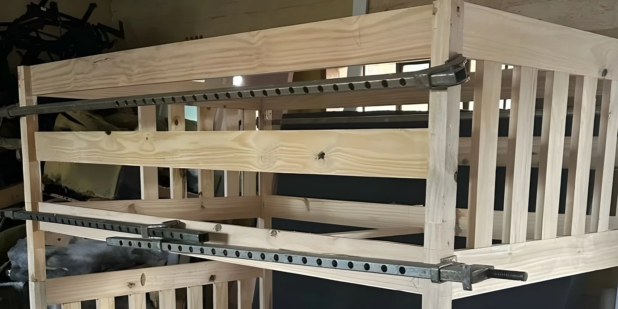 The pine bunk bed frame clamped together in our Jabavu workshop