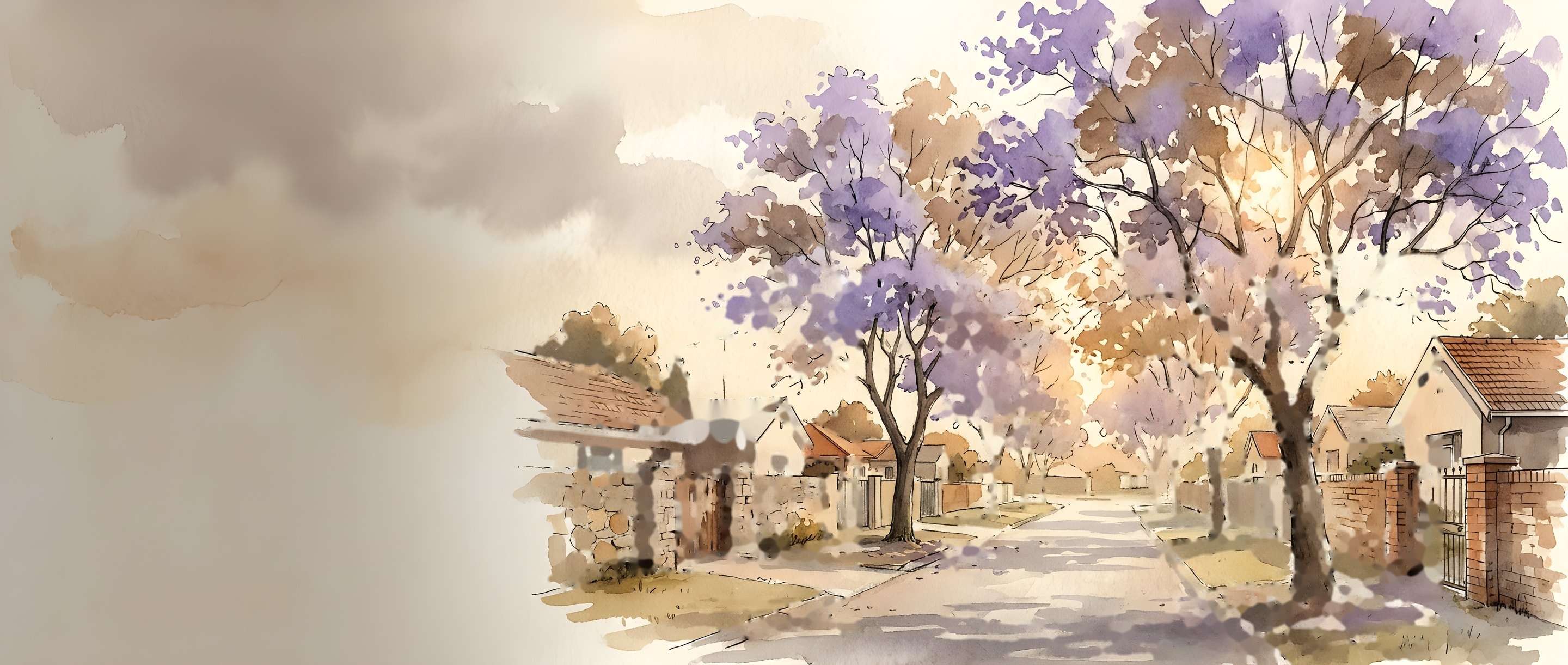 Watercolour illustration of a tree-lined suburban street with jacarandas in Edenvale
