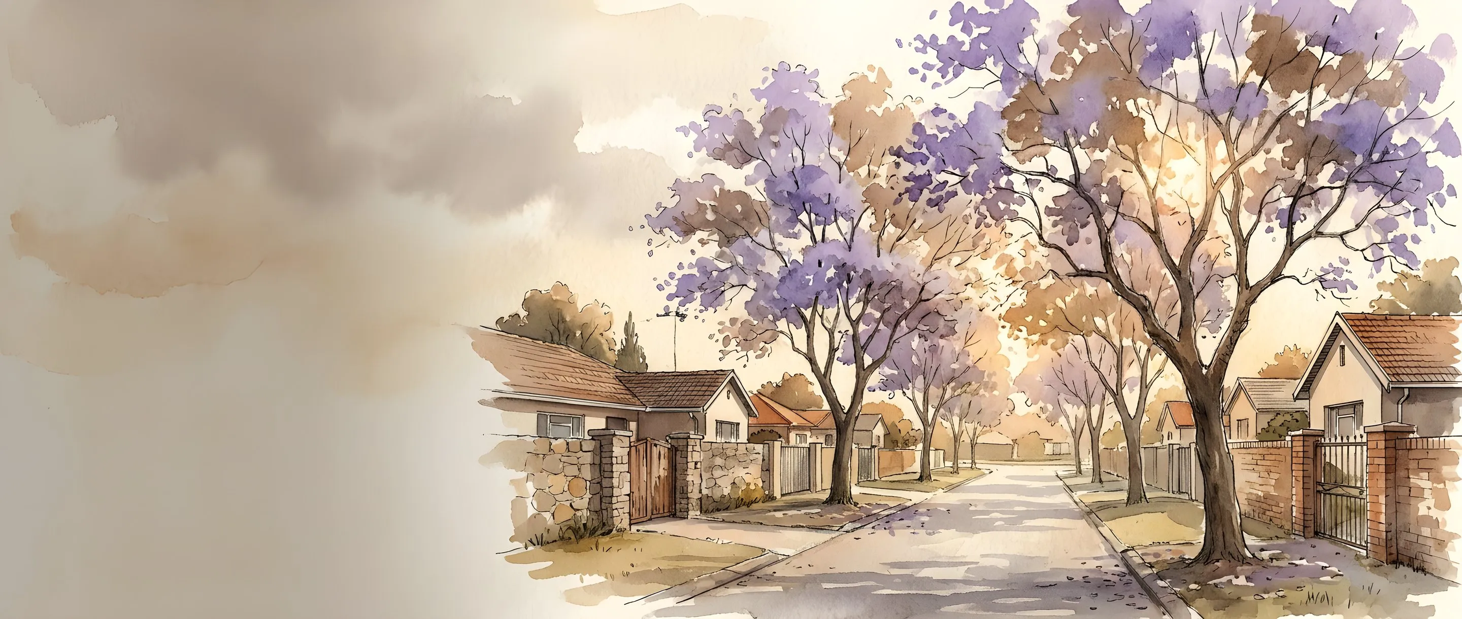 Watercolour illustration of a tree-lined suburban street with jacarandas in Edenvale