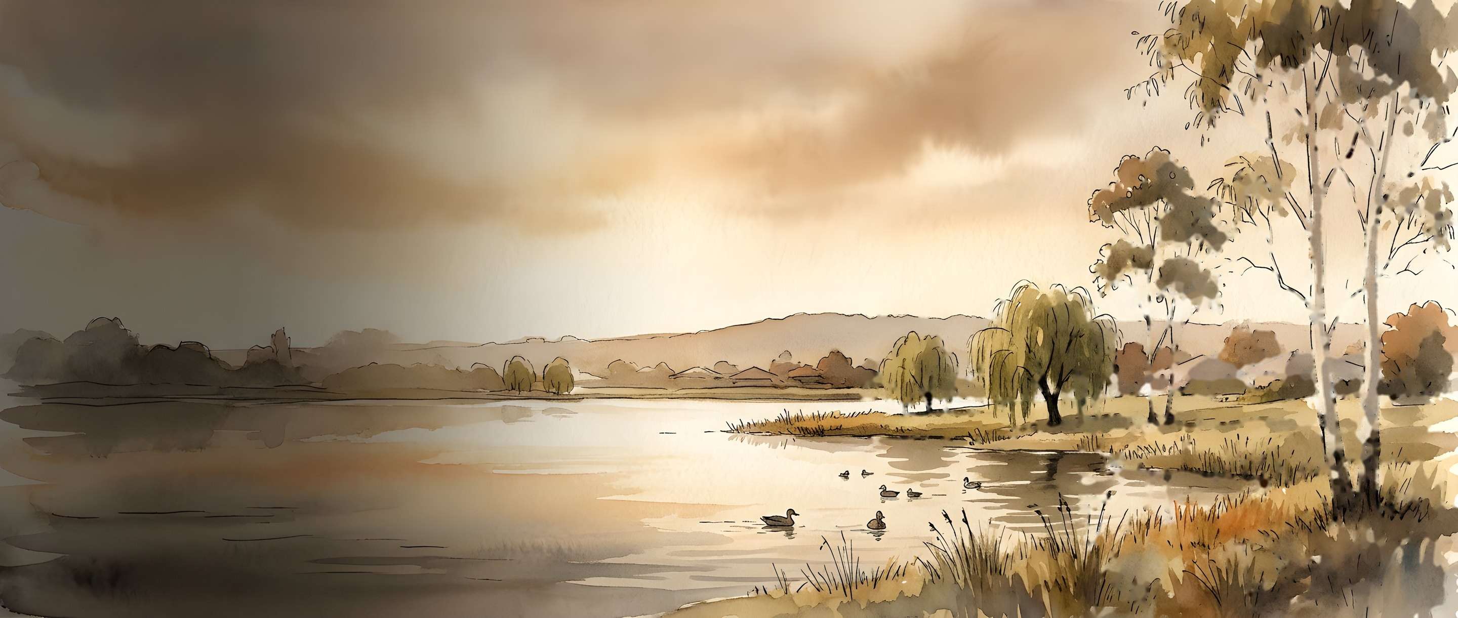 Watercolour illustration of a lake in Florida, Roodepoort, with willows, bluegums and ducks at golden hour
