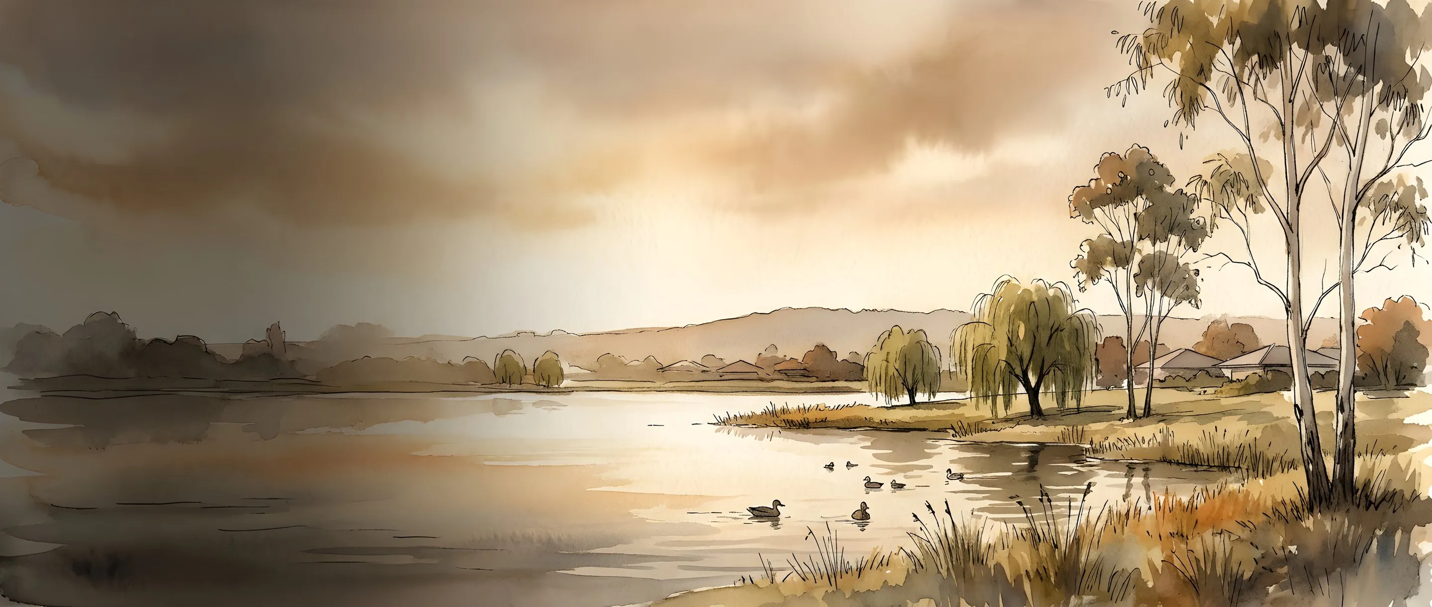 Watercolour illustration of a lake in Florida, Roodepoort, with willows, bluegums and ducks at golden hour