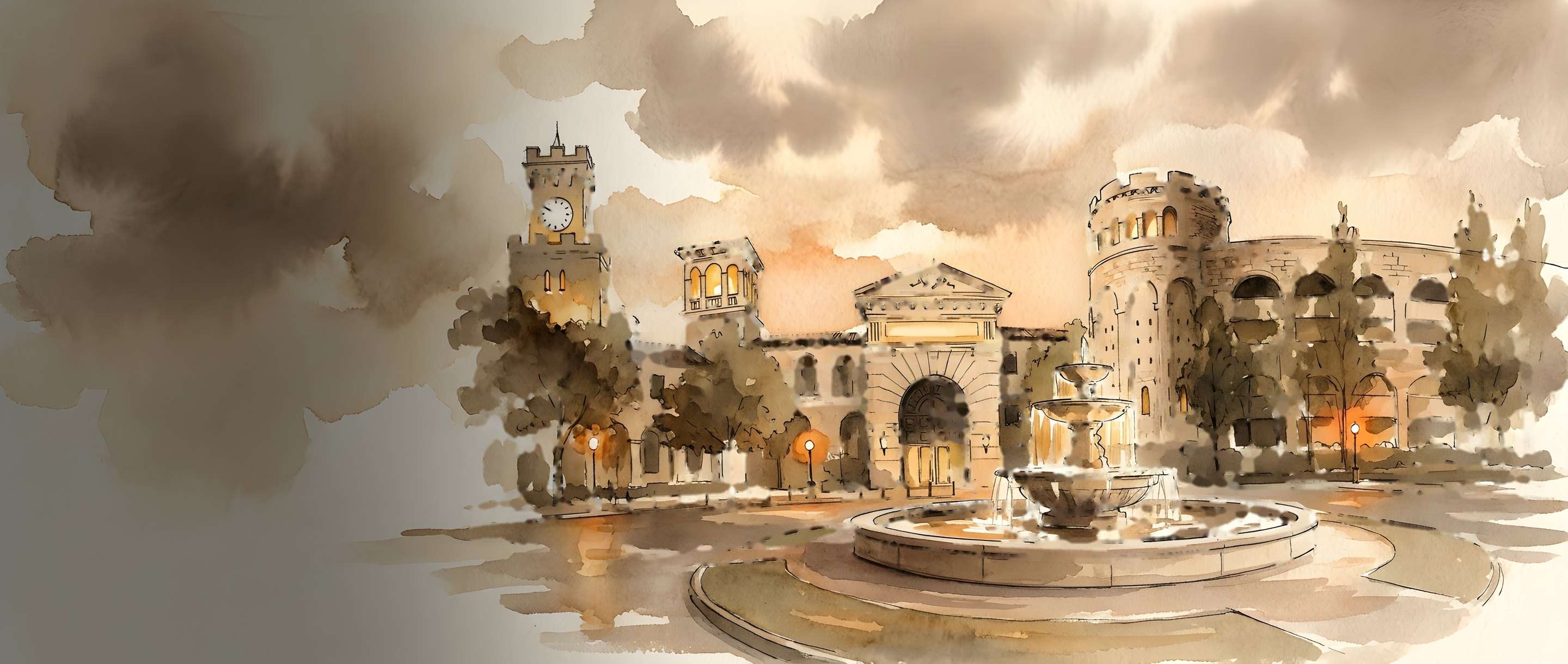 Watercolour illustration of Montecasino's clock tower and fountain in Fourways