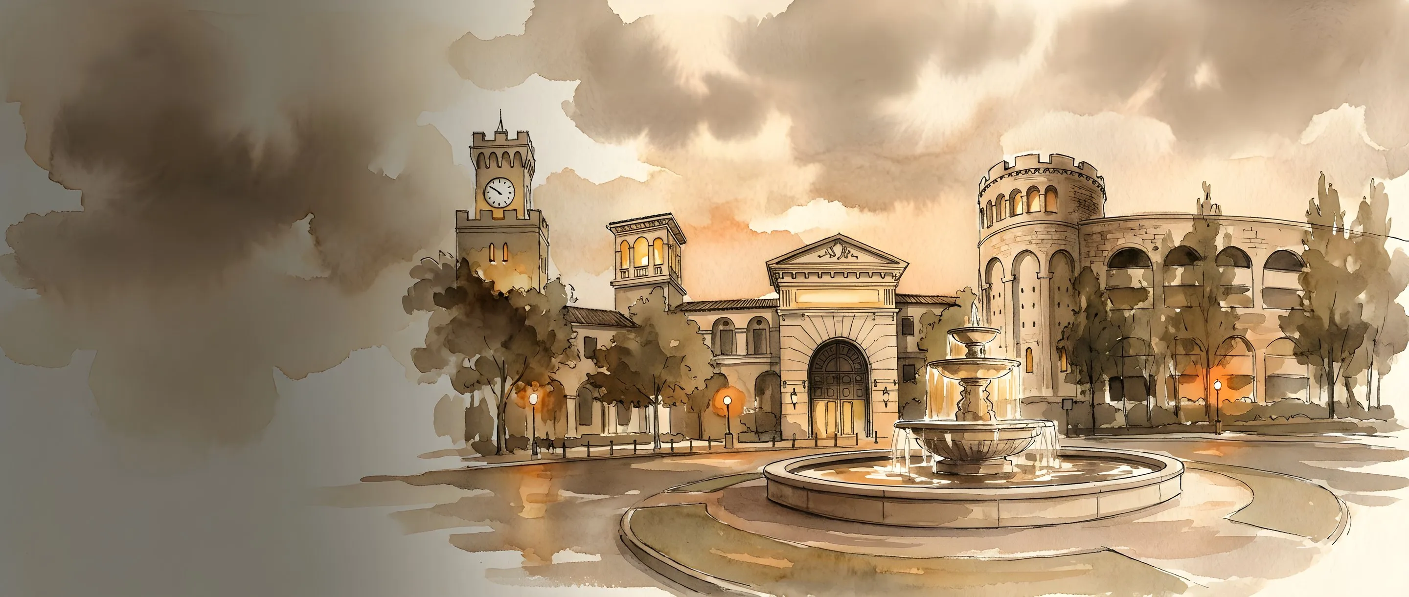 Watercolour illustration of Montecasino's clock tower and fountain in Fourways