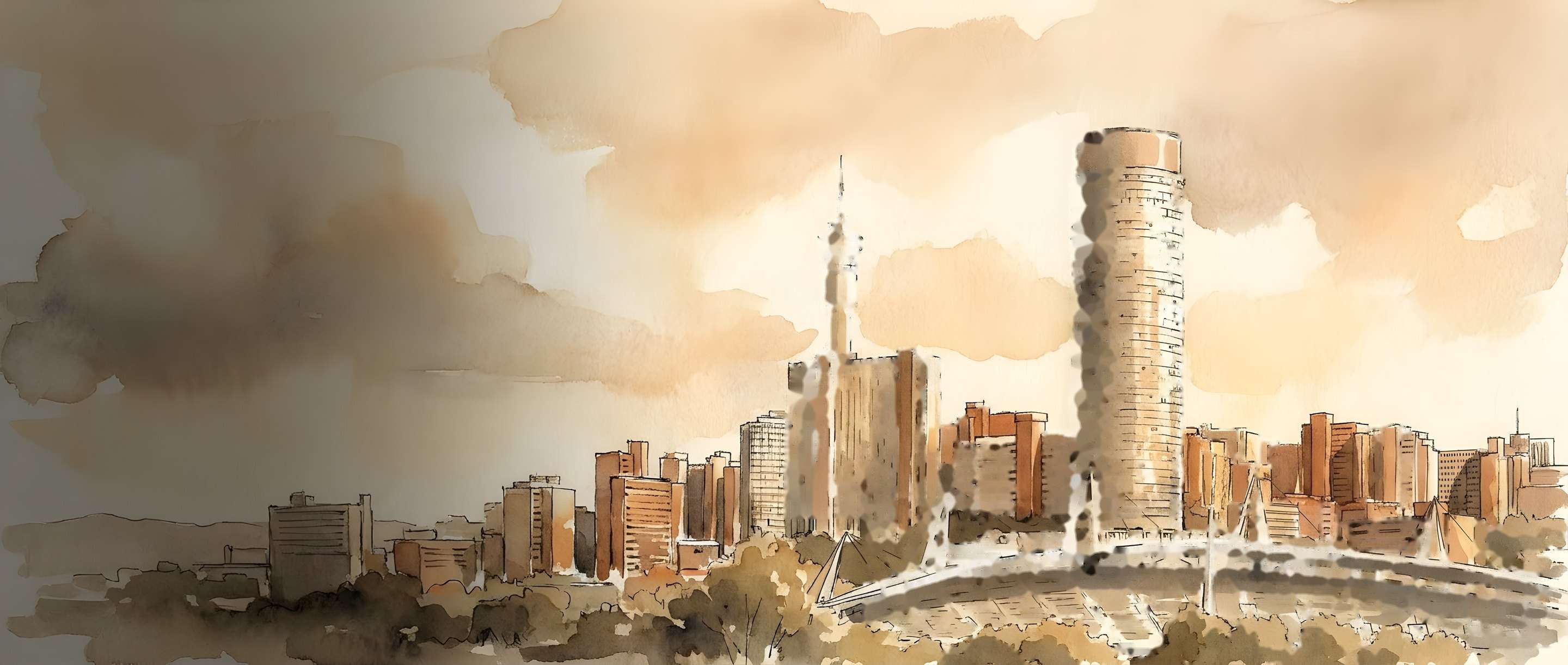Watercolour illustration of the Johannesburg skyline with Ponte City and the Hillbrow Tower
