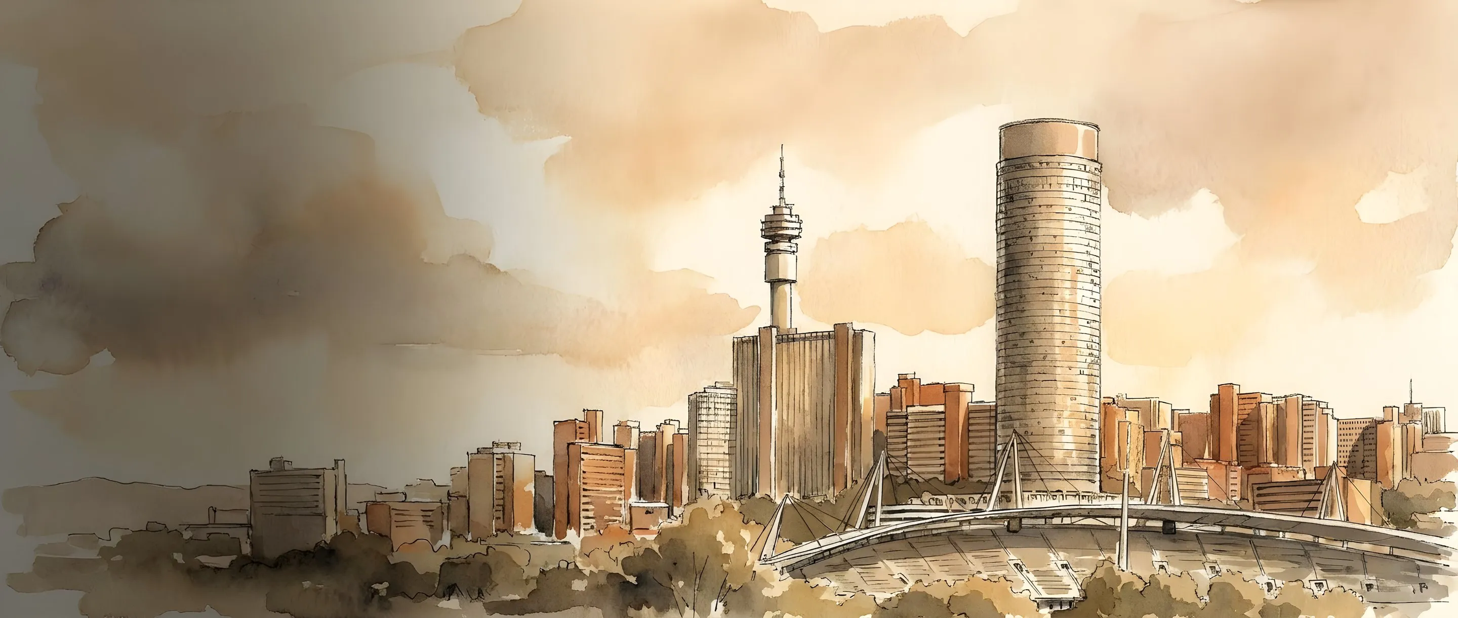 Watercolour illustration of the Johannesburg skyline with Ponte City and the Hillbrow Tower