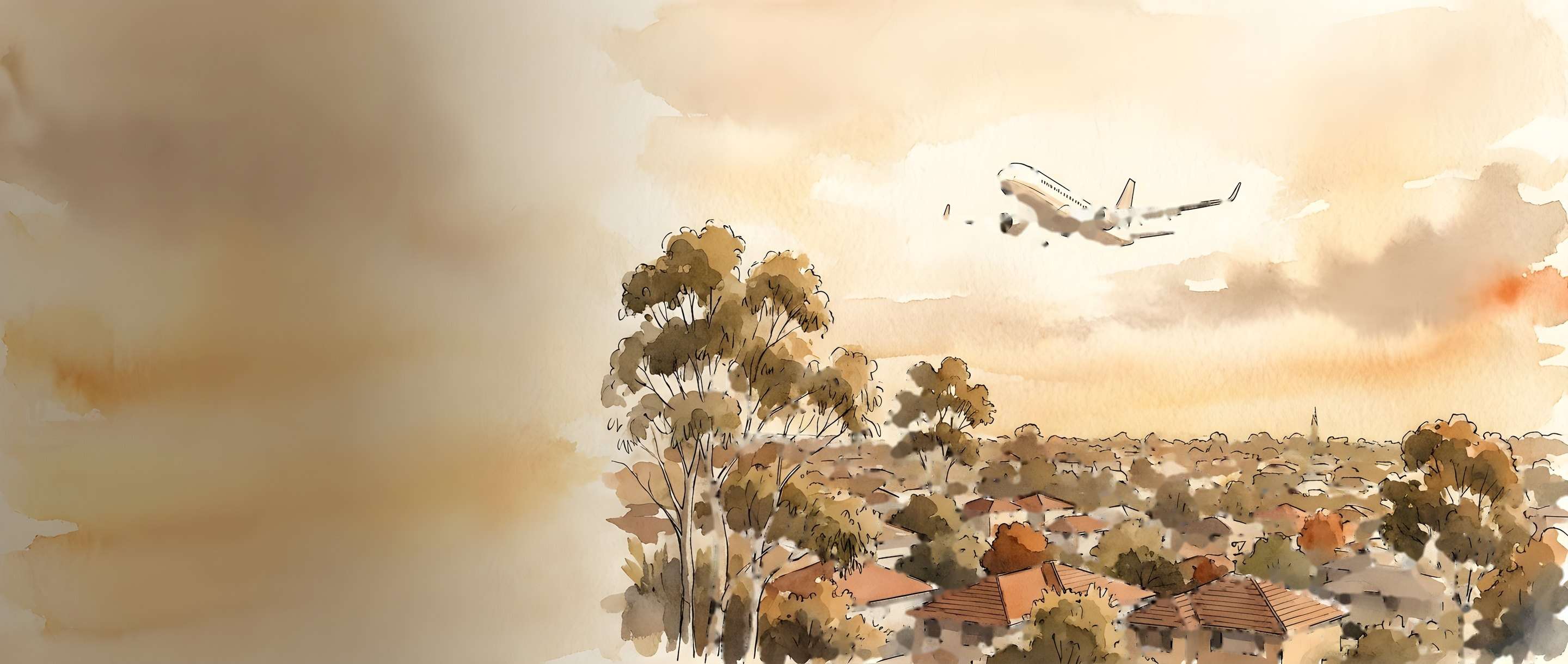 Watercolour illustration of aeroplanes over the OR Tambo airport area near Kempton Park