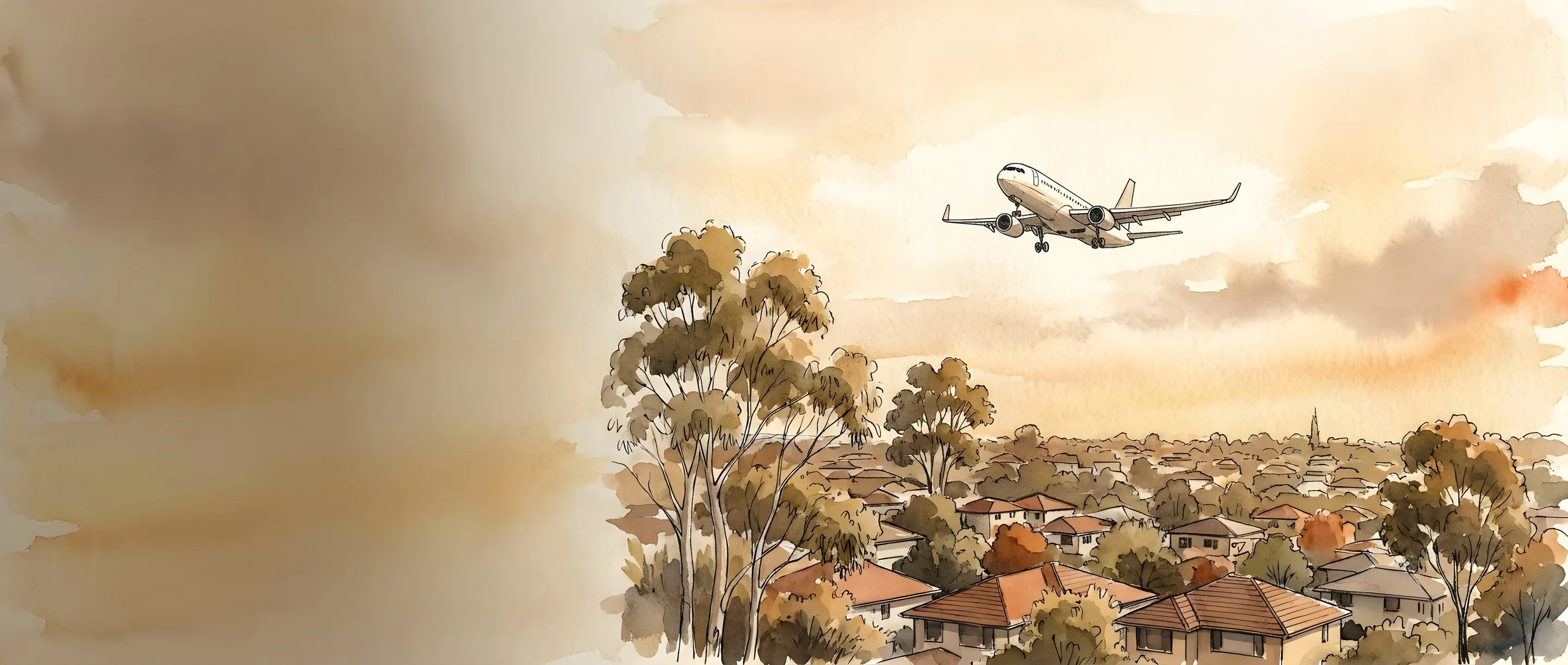 Watercolour illustration of aeroplanes over the OR Tambo airport area near Kempton Park