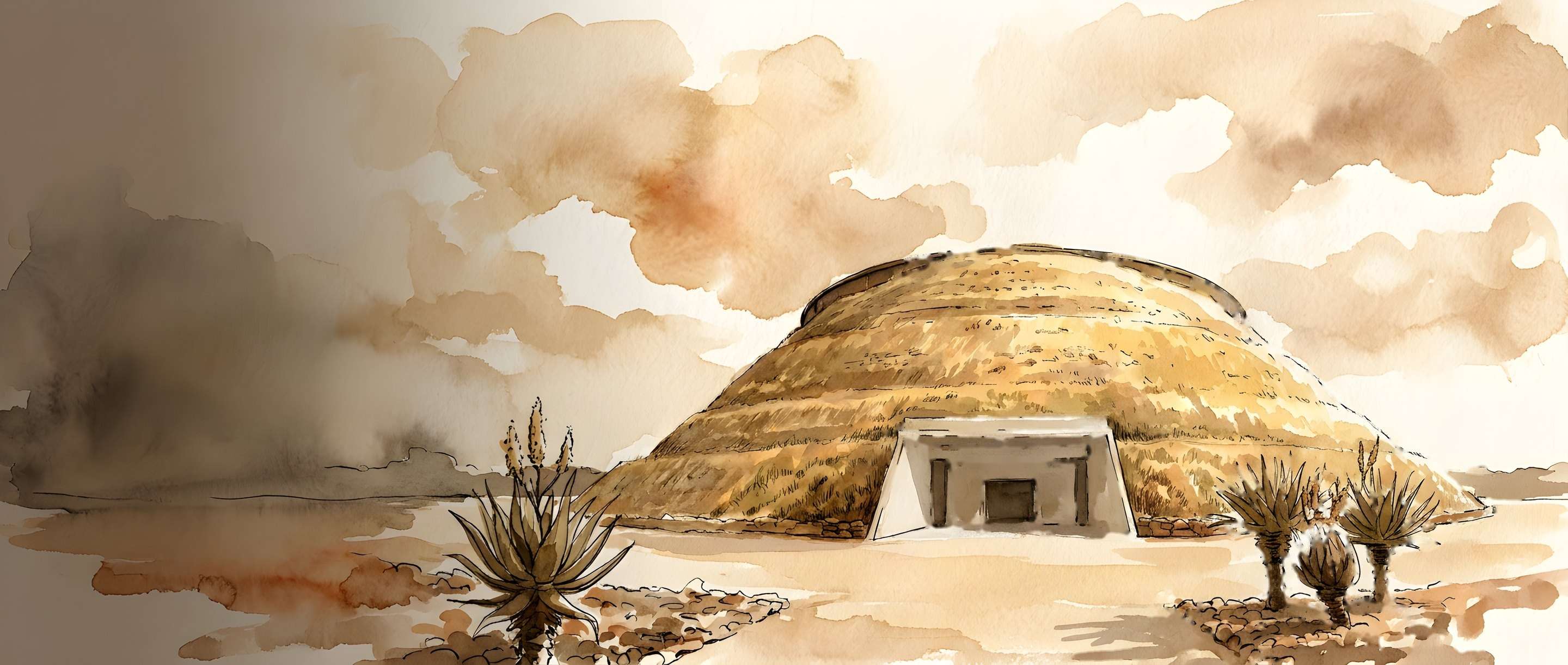 Watercolour illustration of the grass-covered Maropeng visitor centre near Krugersdorp