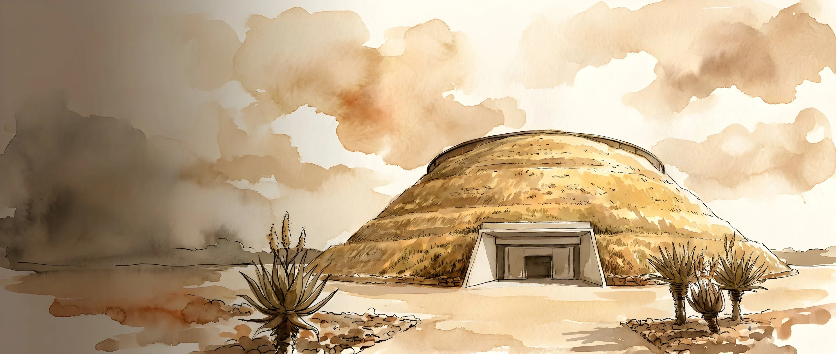 Watercolour illustration of the grass-covered Maropeng visitor centre near Krugersdorp
