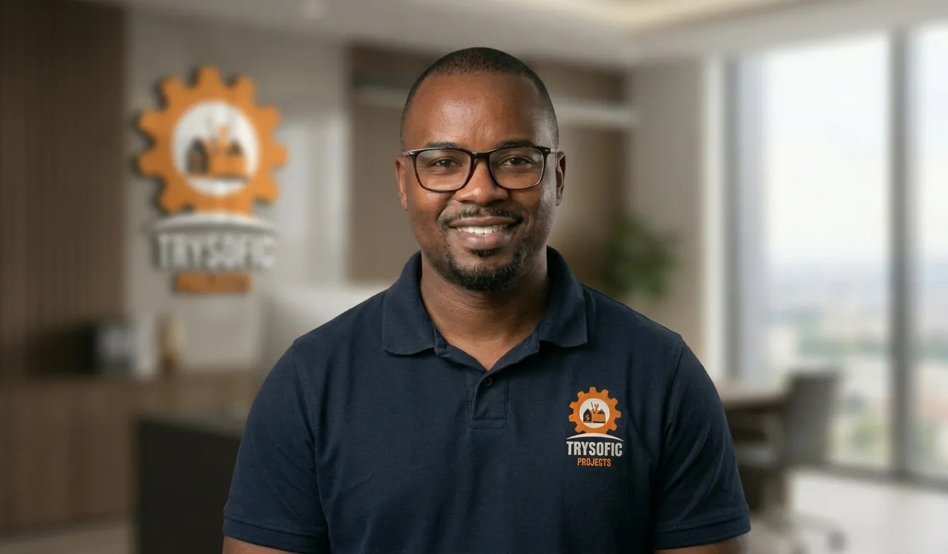 Kwanele, smiling, in a navy Trysofic shirt