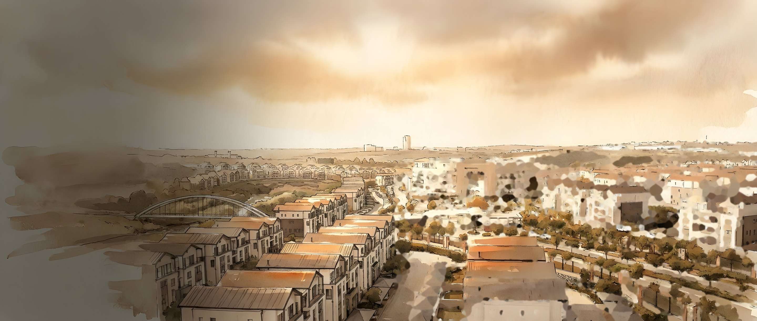 Watercolour illustration of Waterfall City in Midrand from the air