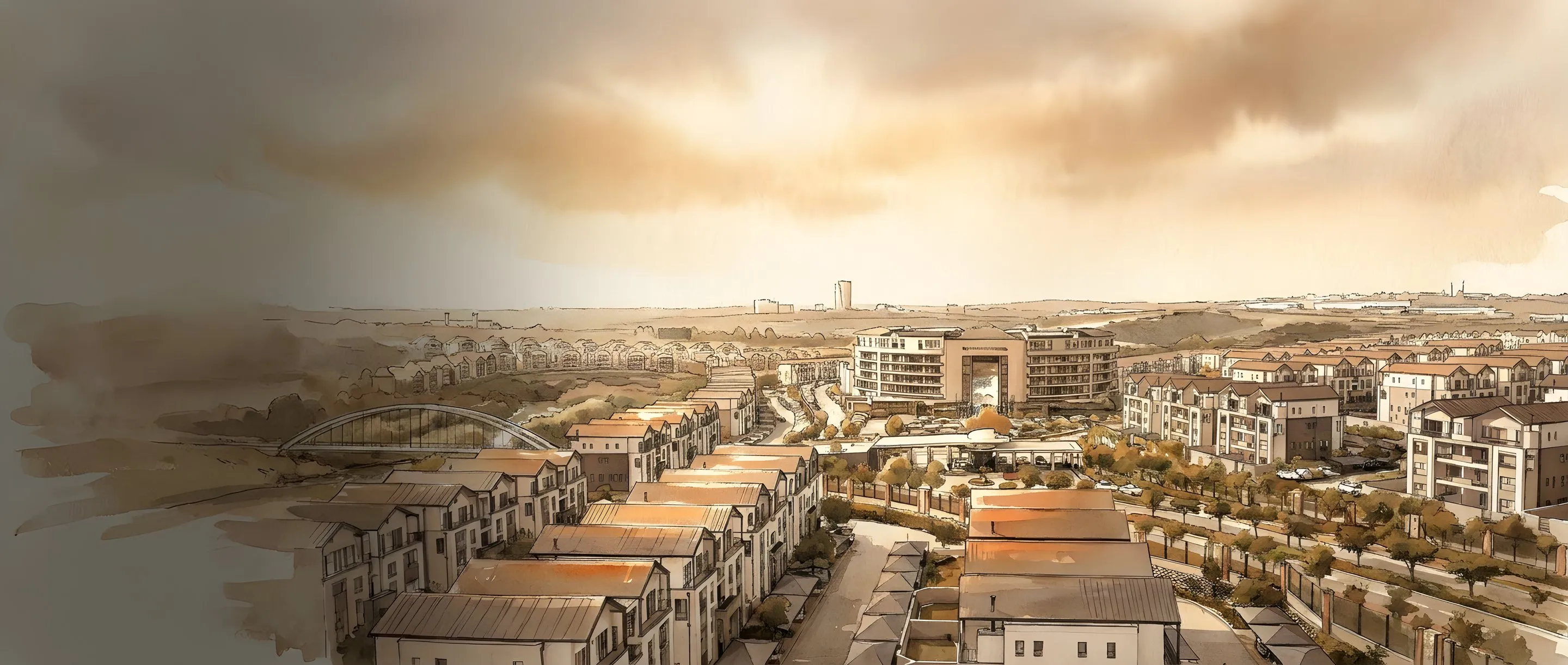 Watercolour illustration of Waterfall City in Midrand from the air
