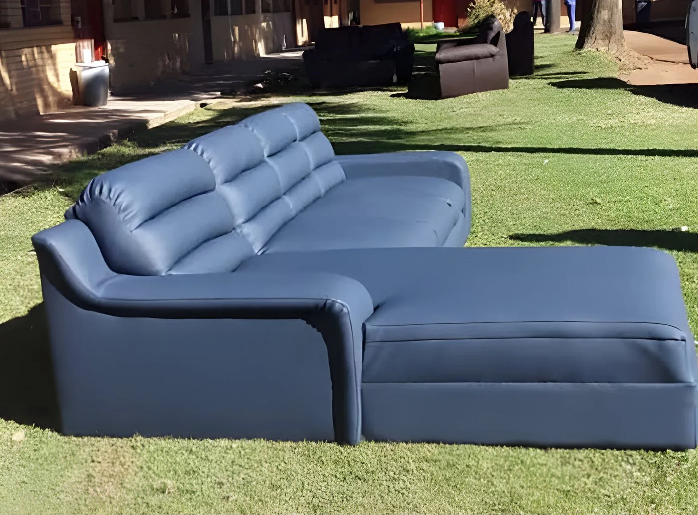Blue leather couch with a chaise