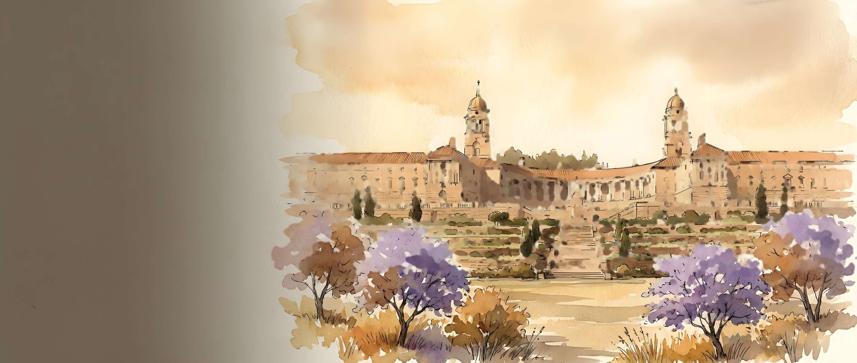 Watercolour illustration of the Union Buildings with jacaranda trees
