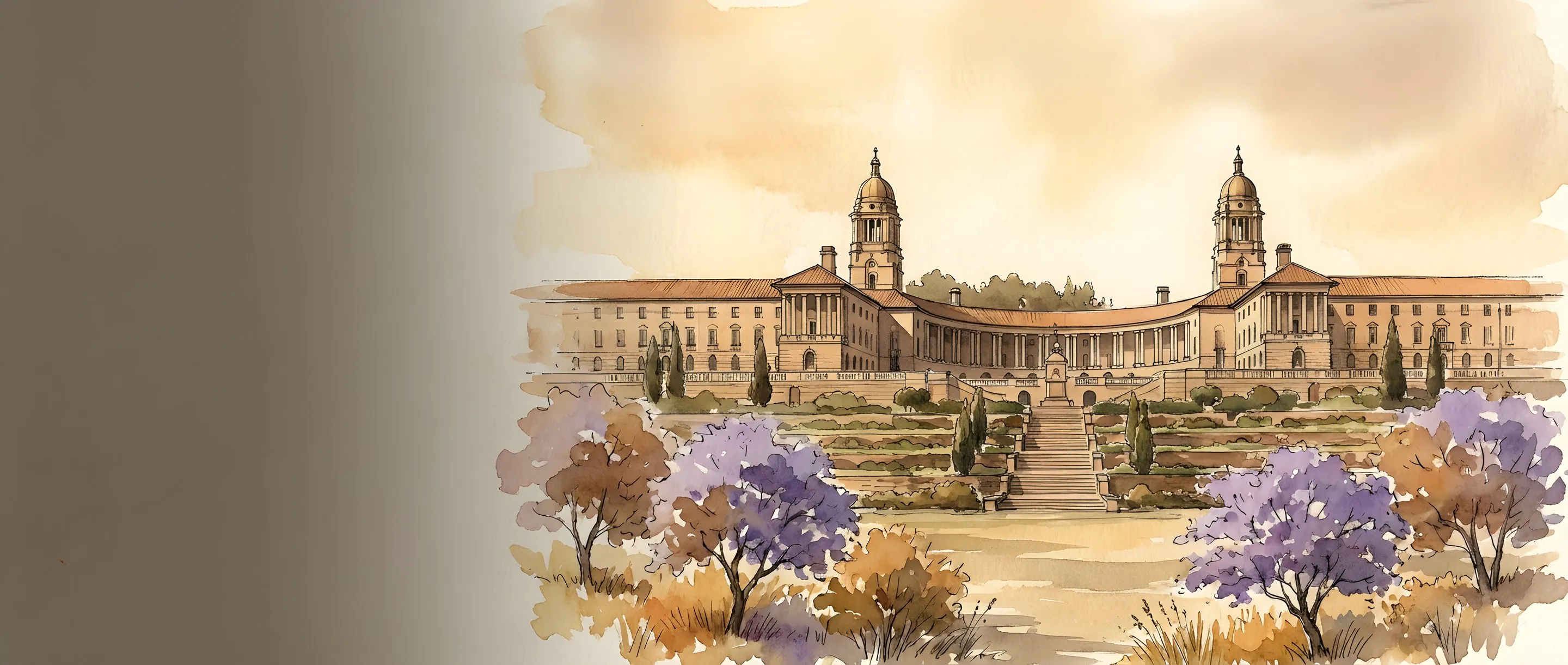 Watercolour illustration of the Union Buildings with jacaranda trees
