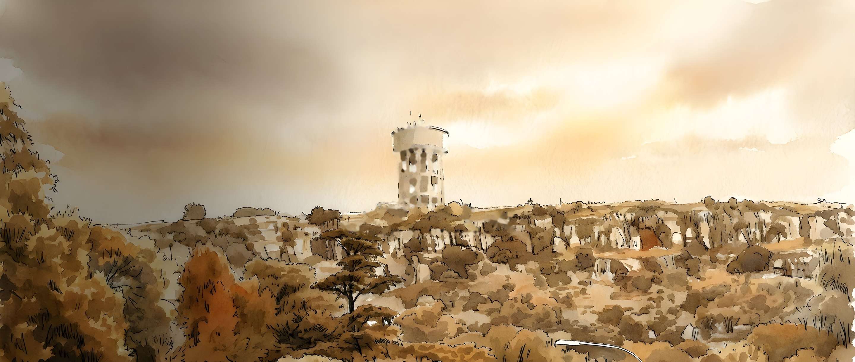 Watercolour illustration of the Northcliff Hill water tower on its ridge, seen from Randburg