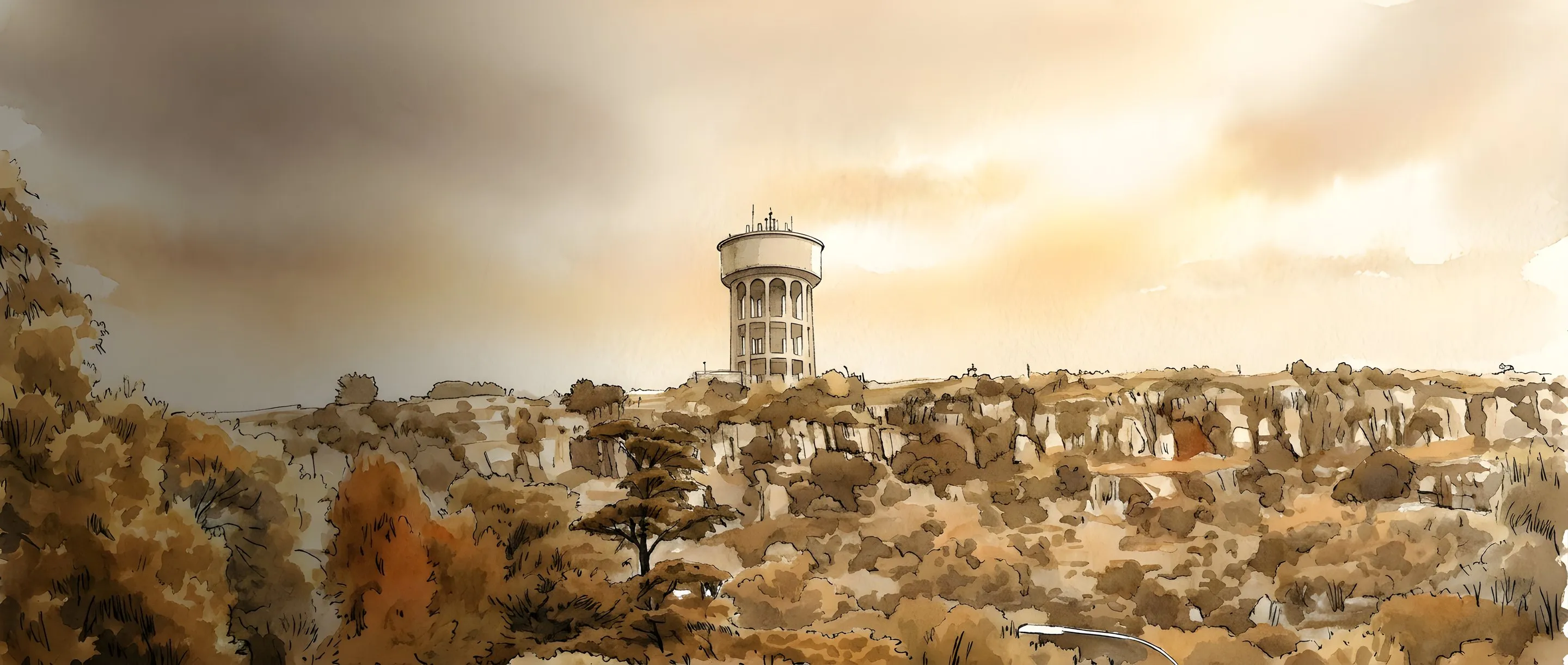 Watercolour illustration of the Northcliff Hill water tower on its ridge, seen from Randburg