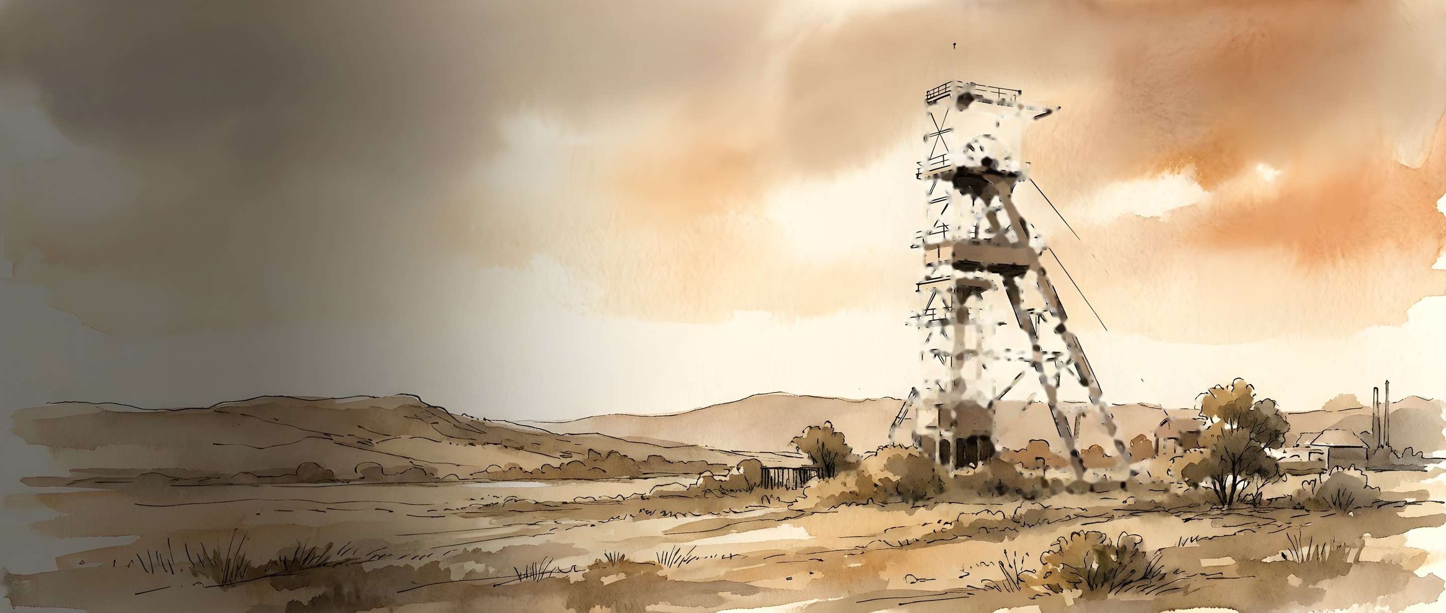 Watercolour illustration of a gold-mine headgear near Randfontein