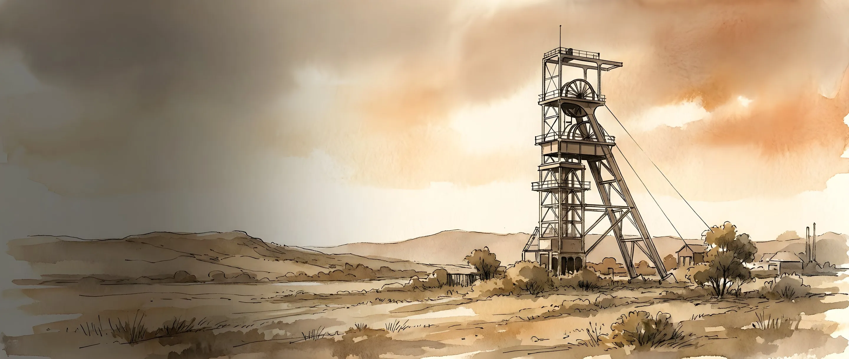 Watercolour illustration of a gold-mine headgear near Randfontein