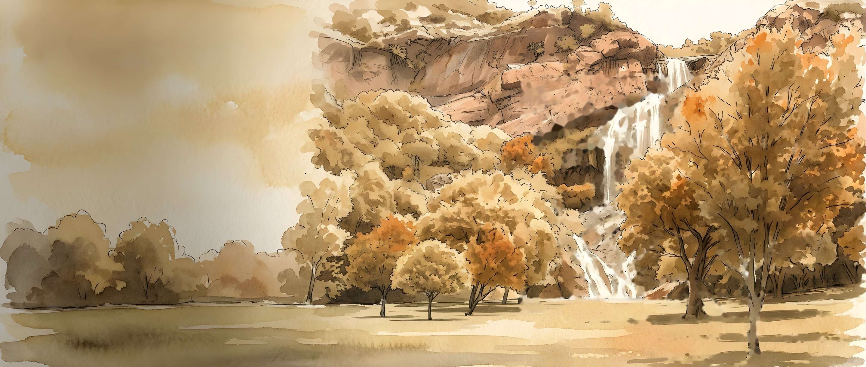 Watercolour illustration of Witpoortjie Falls at the Walter Sisulu Botanical Garden in Roodepoort