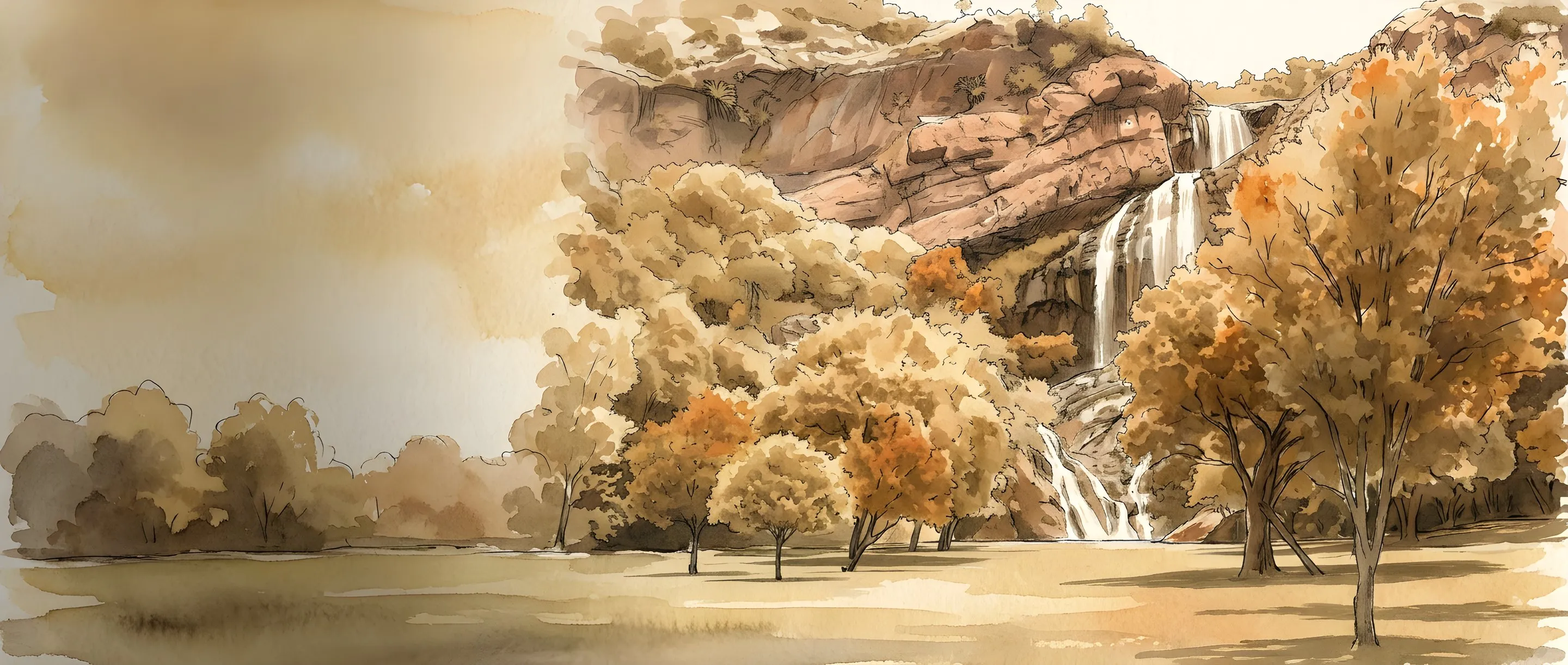 Watercolour illustration of Witpoortjie Falls at the Walter Sisulu Botanical Garden in Roodepoort
