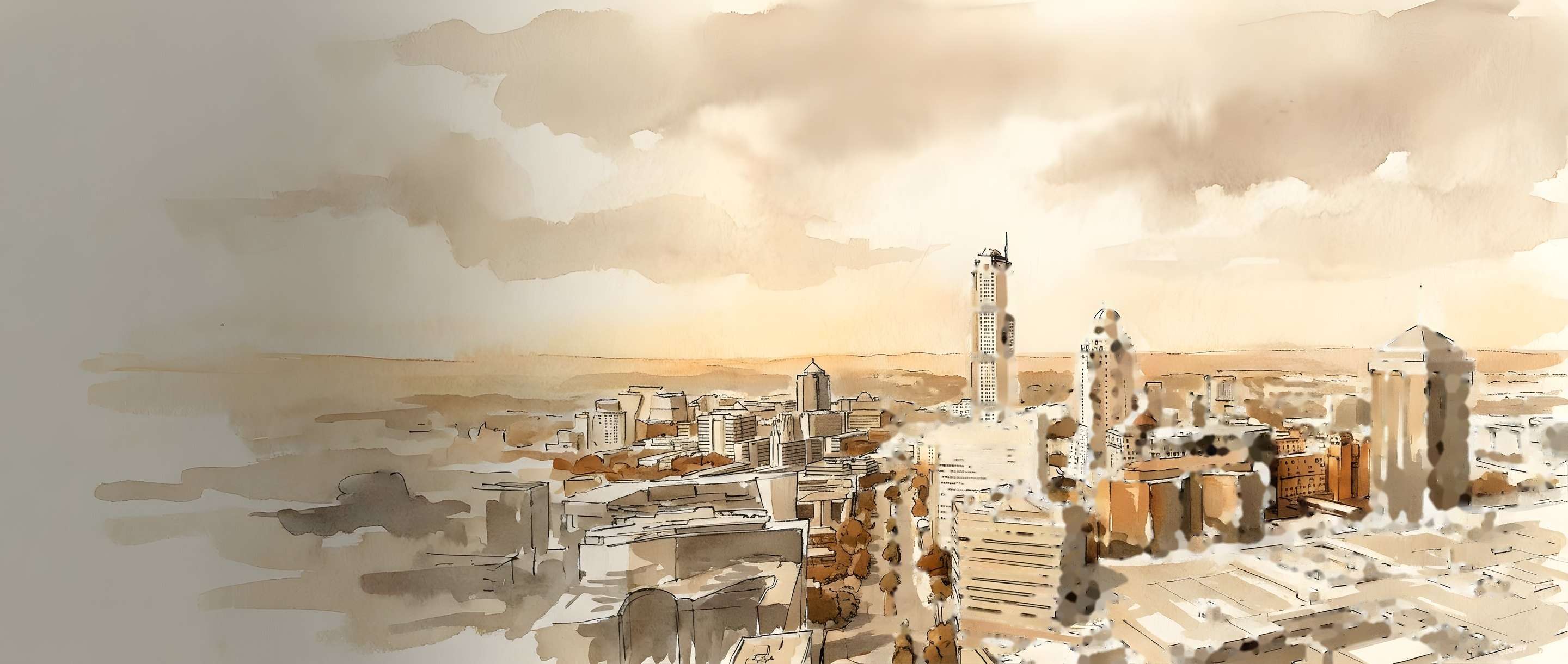 Watercolour illustration of the Sandton skyline with the Leonardo and Michelangelo towers