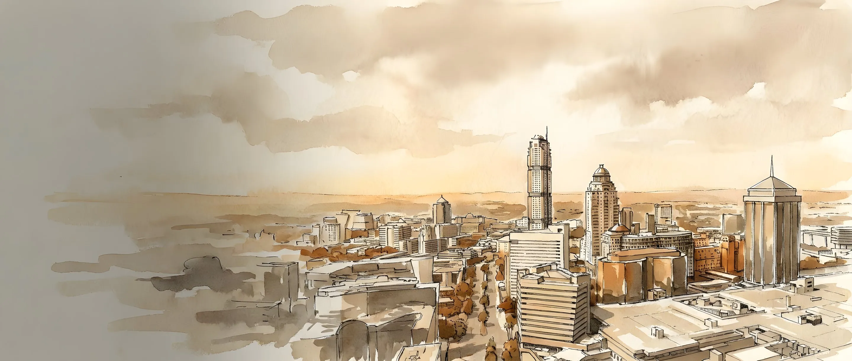 Watercolour illustration of the Sandton skyline with the Leonardo and Michelangelo towers