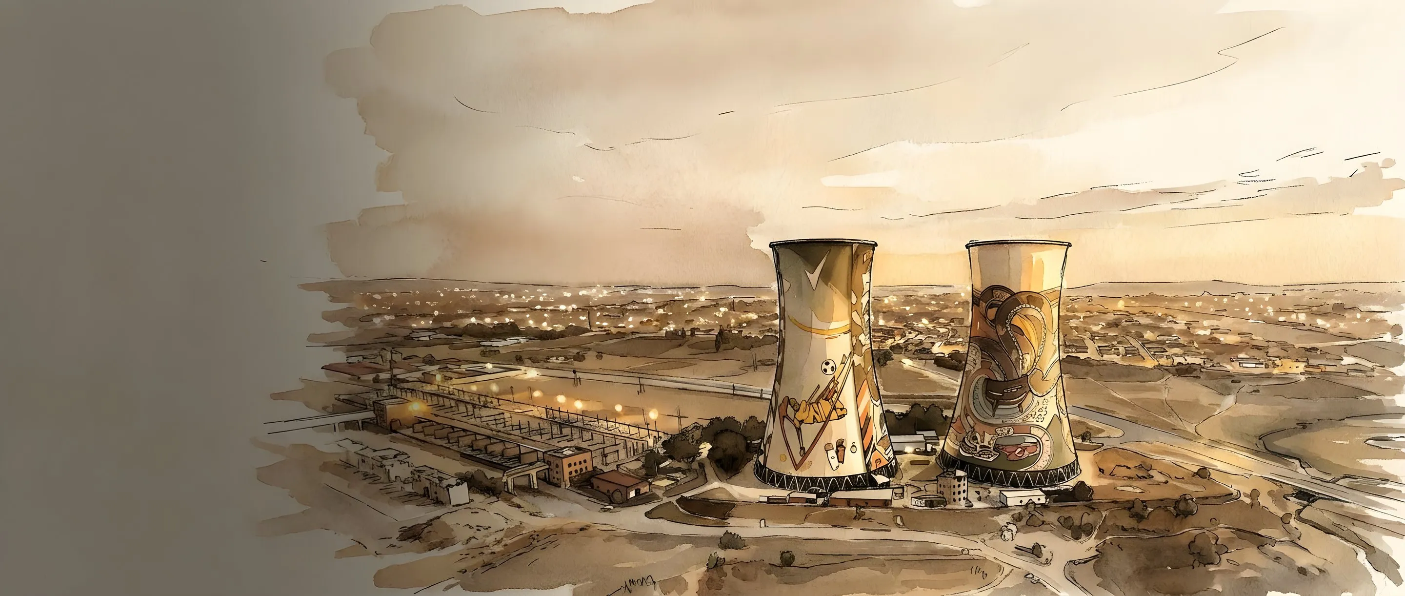 Watercolour illustration of the painted Orlando Towers in Soweto at dusk