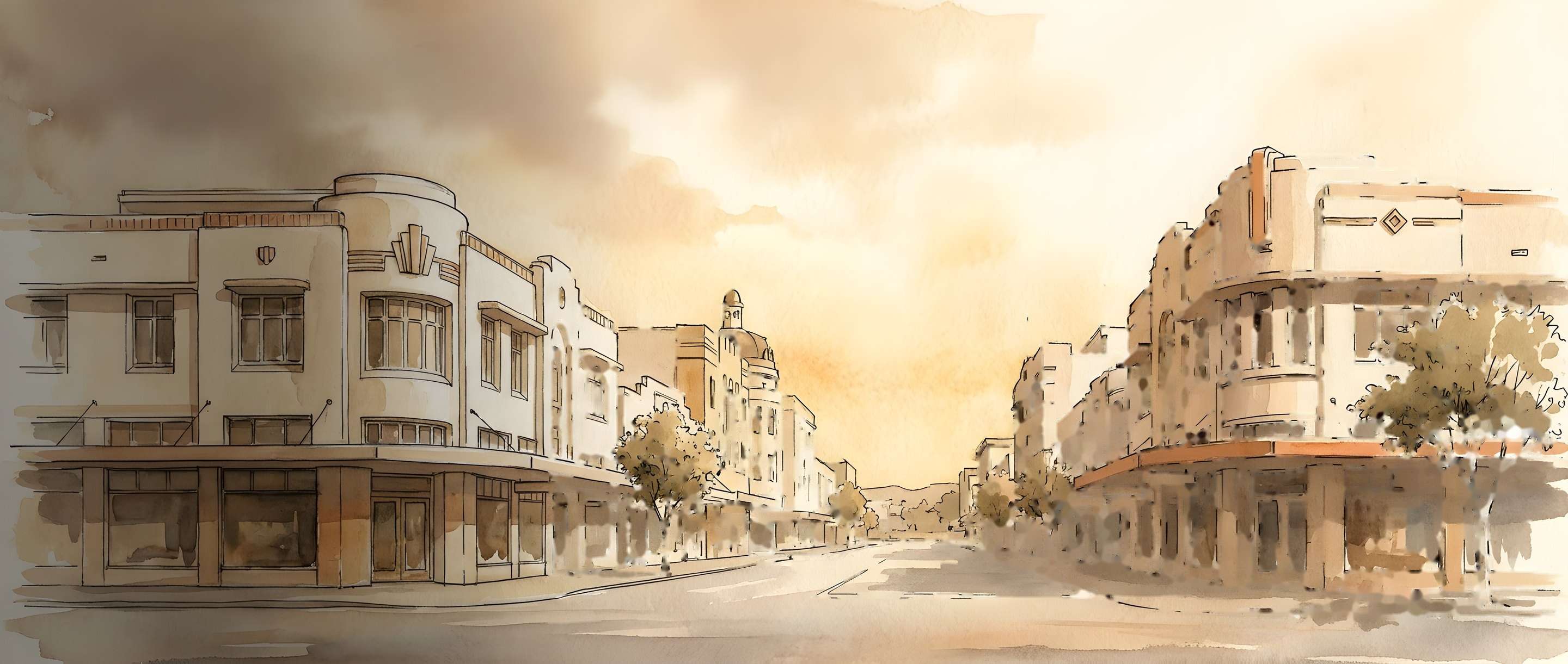Watercolour illustration of the Springs mine dumps and headgear at sunset