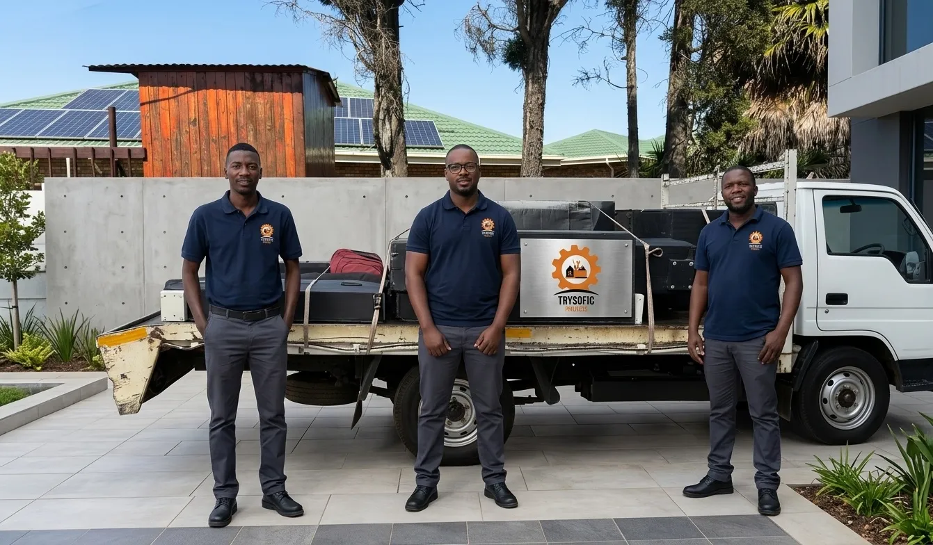 Three of the Trysofic team in branded shirts beside the Trysofic truck