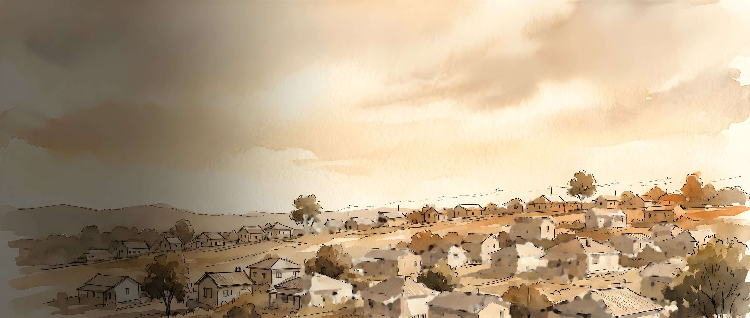 Watercolour illustration of Vosloorus township rooftops at sunset