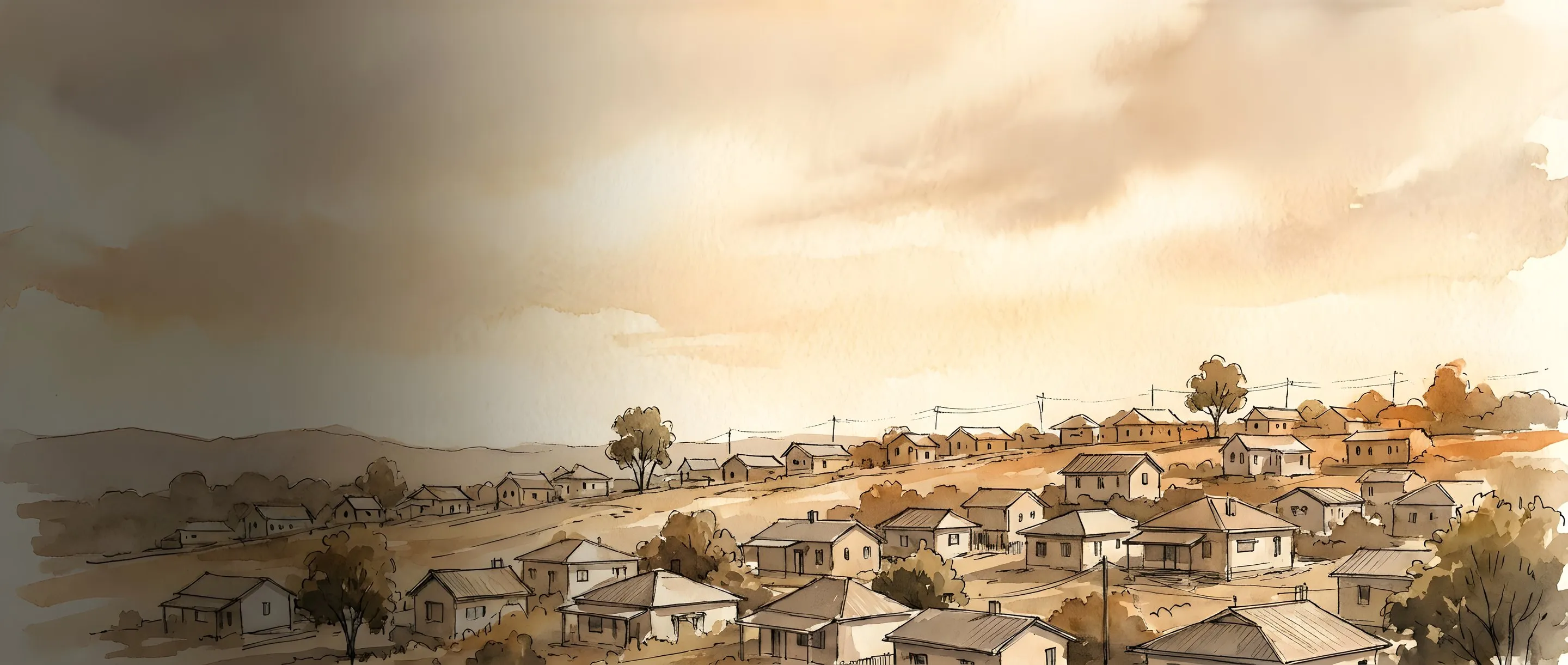 Watercolour illustration of Vosloorus township rooftops at sunset